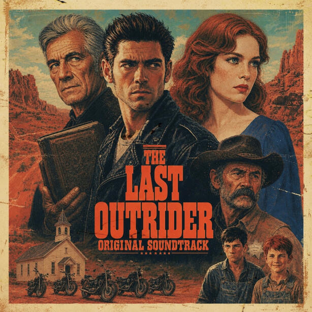 The Last Outrider Original Soundtrack The Last Outrider Original Soundtrack album cover featuring Jack, Emma, and Roy in a vintage western movie poster design